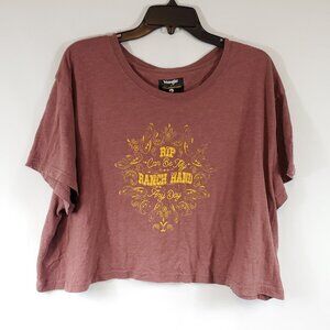 Wrangler Yellowstone Maroon Red Womens Rip Crop Top Shrt Slv Wide Neck Tee XXXL